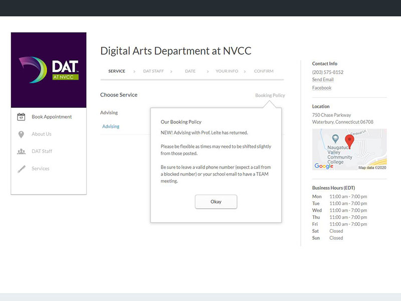 Screen grab of the DAT dot setmore booking page.
