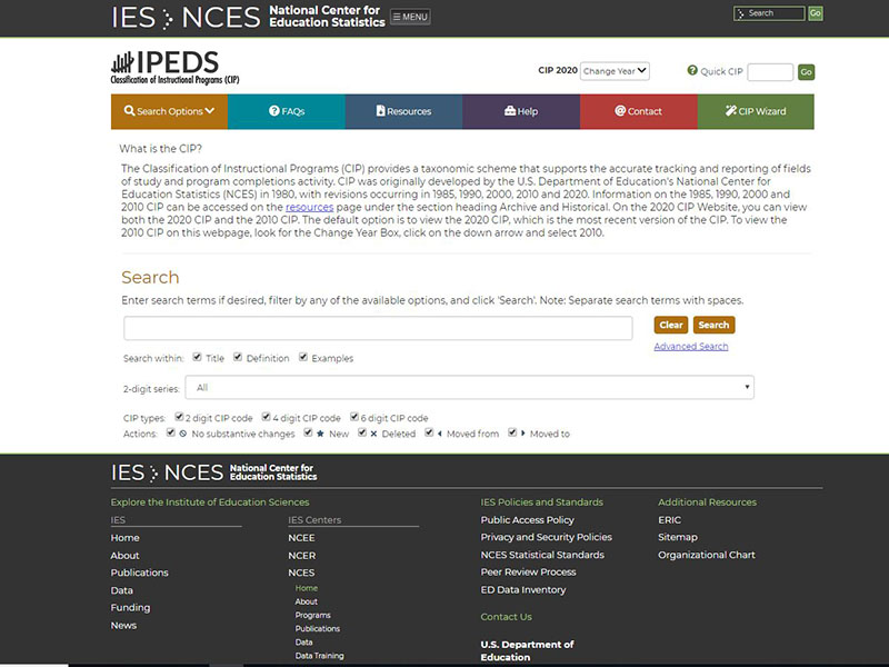 Scree capture of site that explains CIP codes.