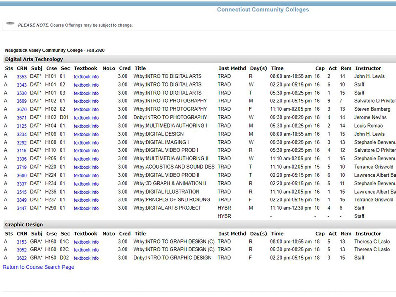 Screen grab image of course search.