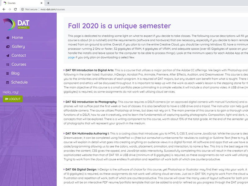 Screen grab of the Courses page of the DAT site.