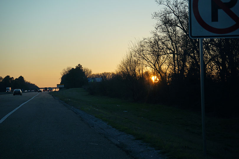 Bright sun at sunset as seen through the trees.