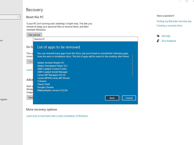 Screen grab image of reset computer information.