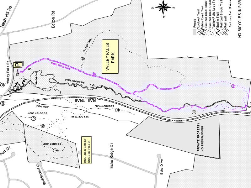 Valley Falls trail map with hike route highlighted.